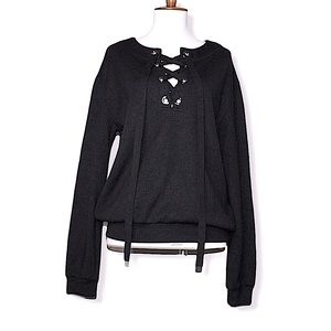 J.O.A. Black Lace-Up V-Slit Sweatshirt Large